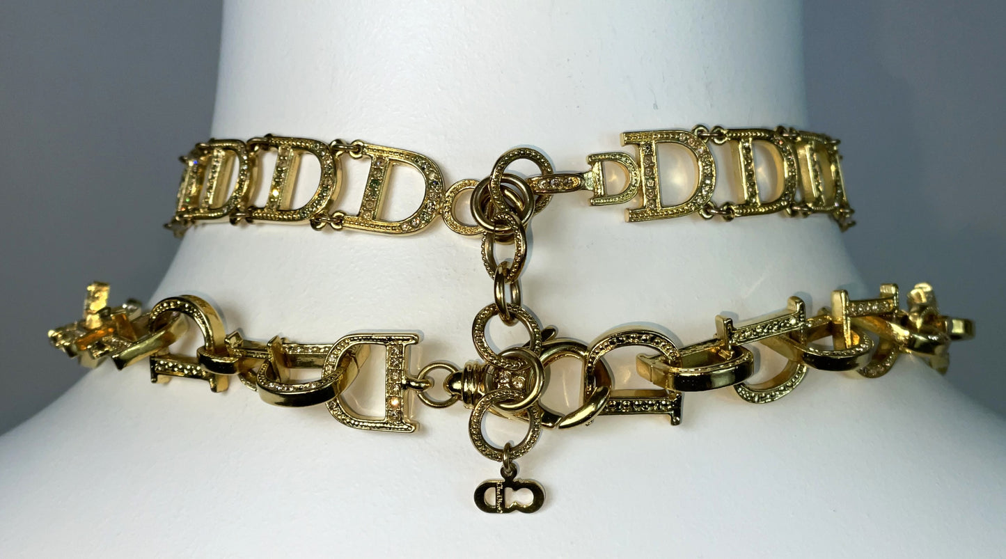 2000's Christian Dior by John Galliano Gold Crystal Logo Cuff Bracelet Rings 2 Chokers & Earrings Set