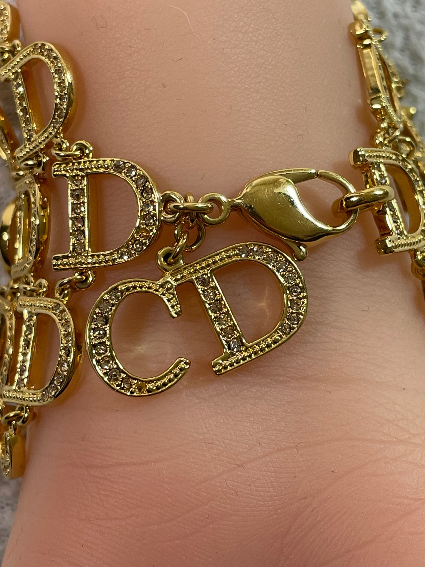 2000's Christian Dior by John Galliano Gold Crystal Logo Cuff Bracelet Rings 2 Chokers & Earrings Set