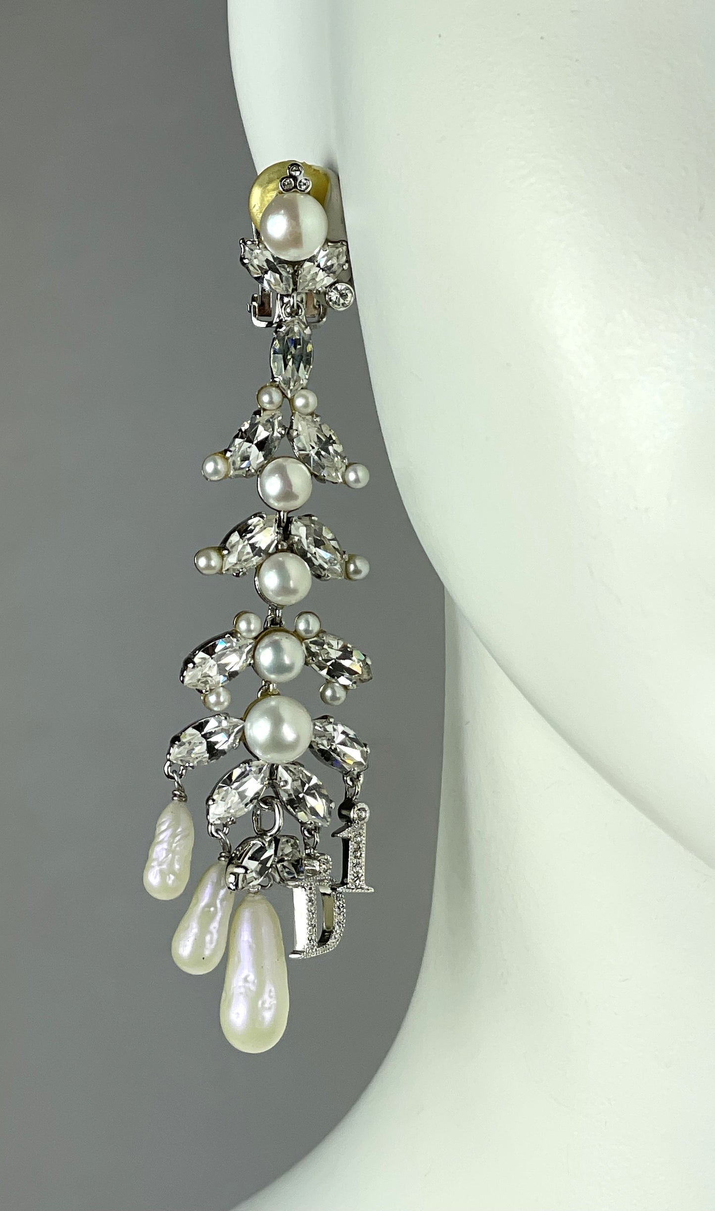 2000's Christian Dior by John Galliano Extra Long Crystal Logo Pearl Chandelier Earrings