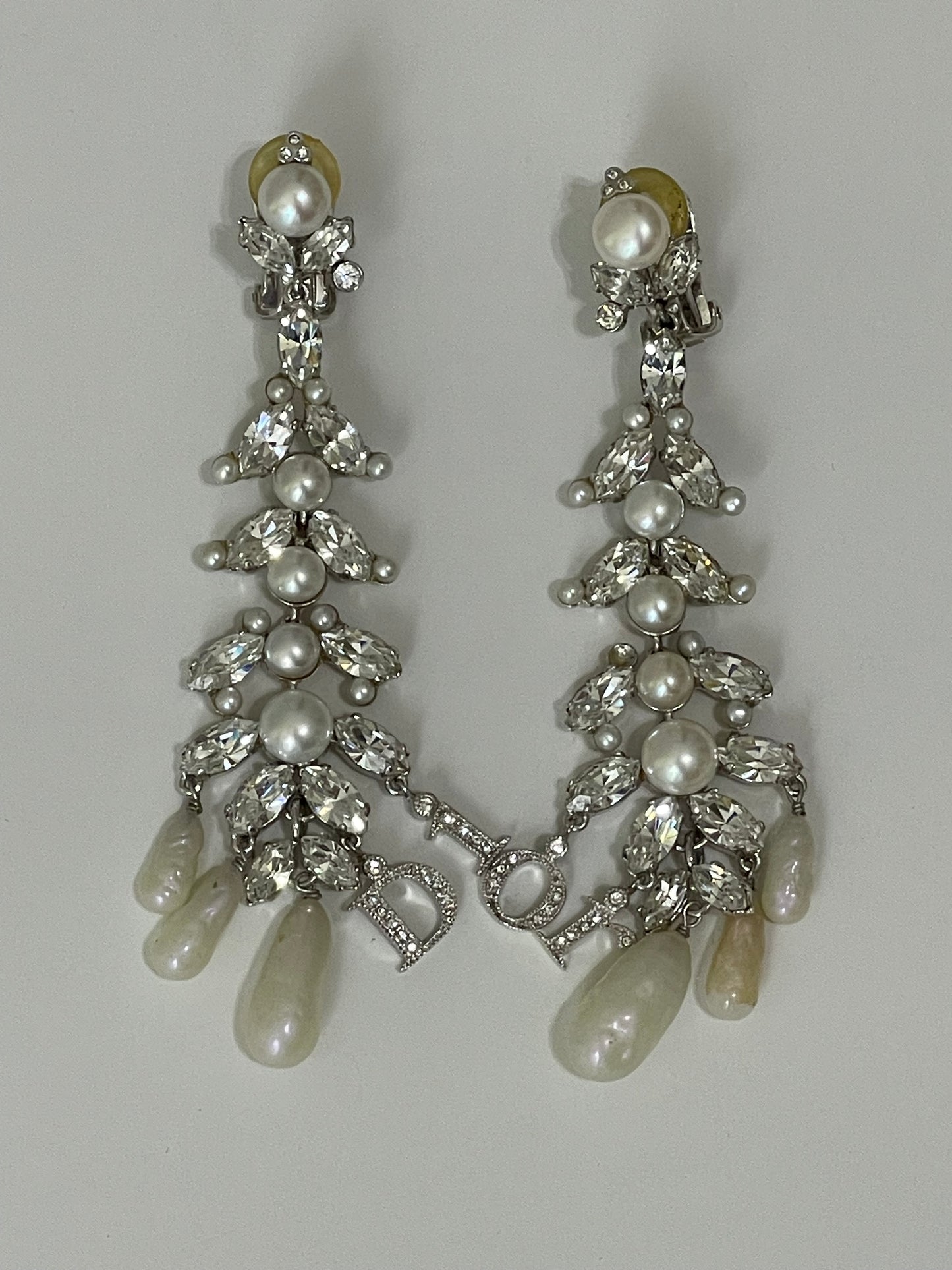 2000's Christian Dior by John Galliano Extra Long Crystal Logo Pearl Chandelier Earrings