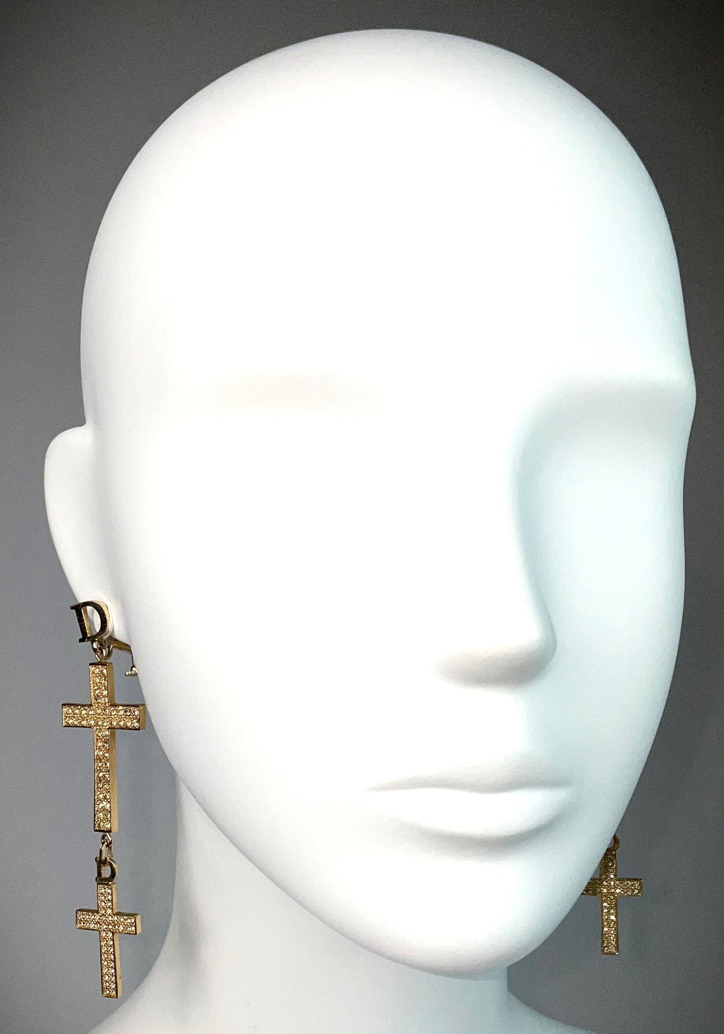 2000's Christian Dior by John Galliano Extra Long Gold Crystal Logo Crucifix Cross Earrings