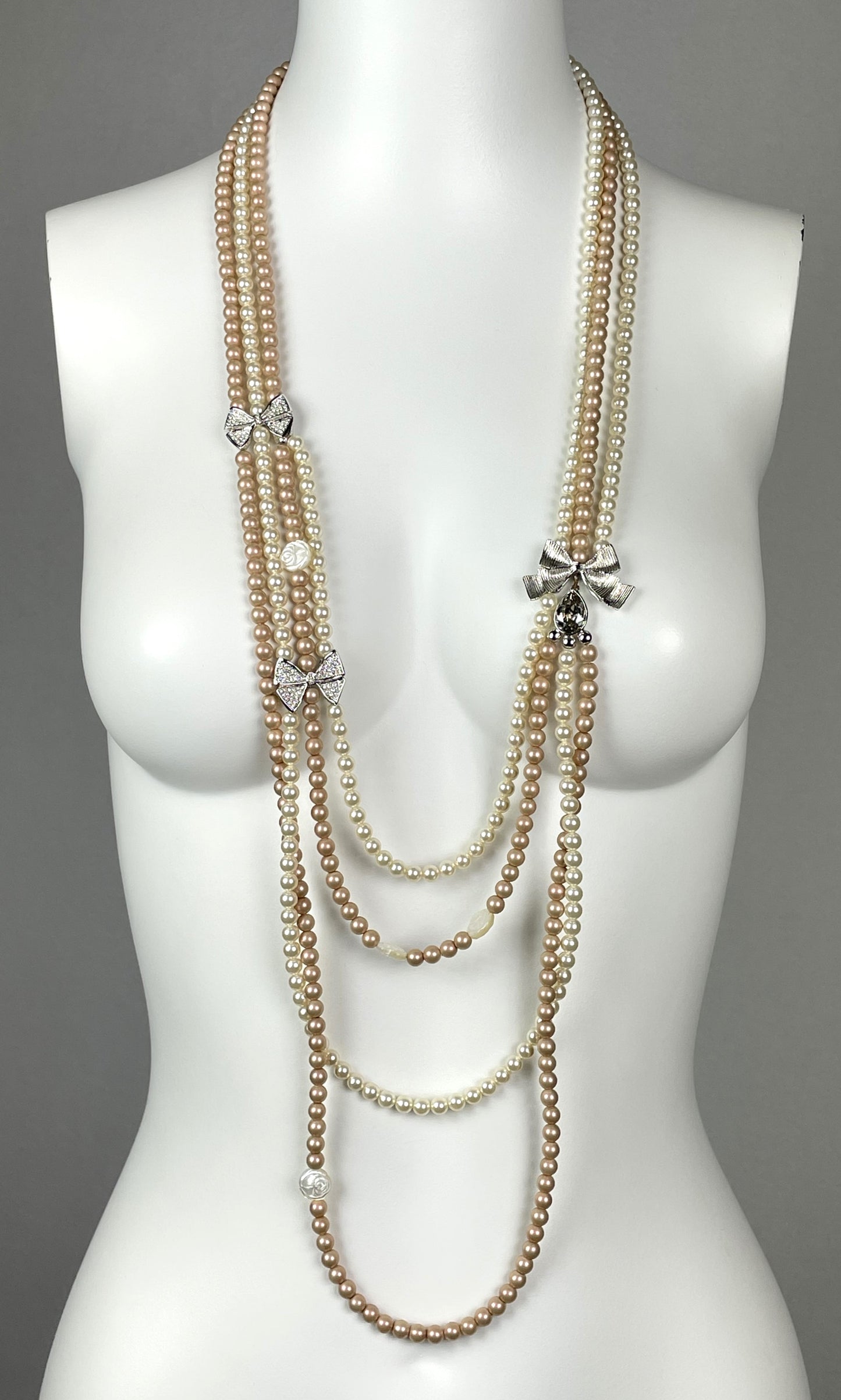 2000's Christian Dior by John Galliano Long Layered Ivory & Champagne Pearl Crystal Bow Necklace