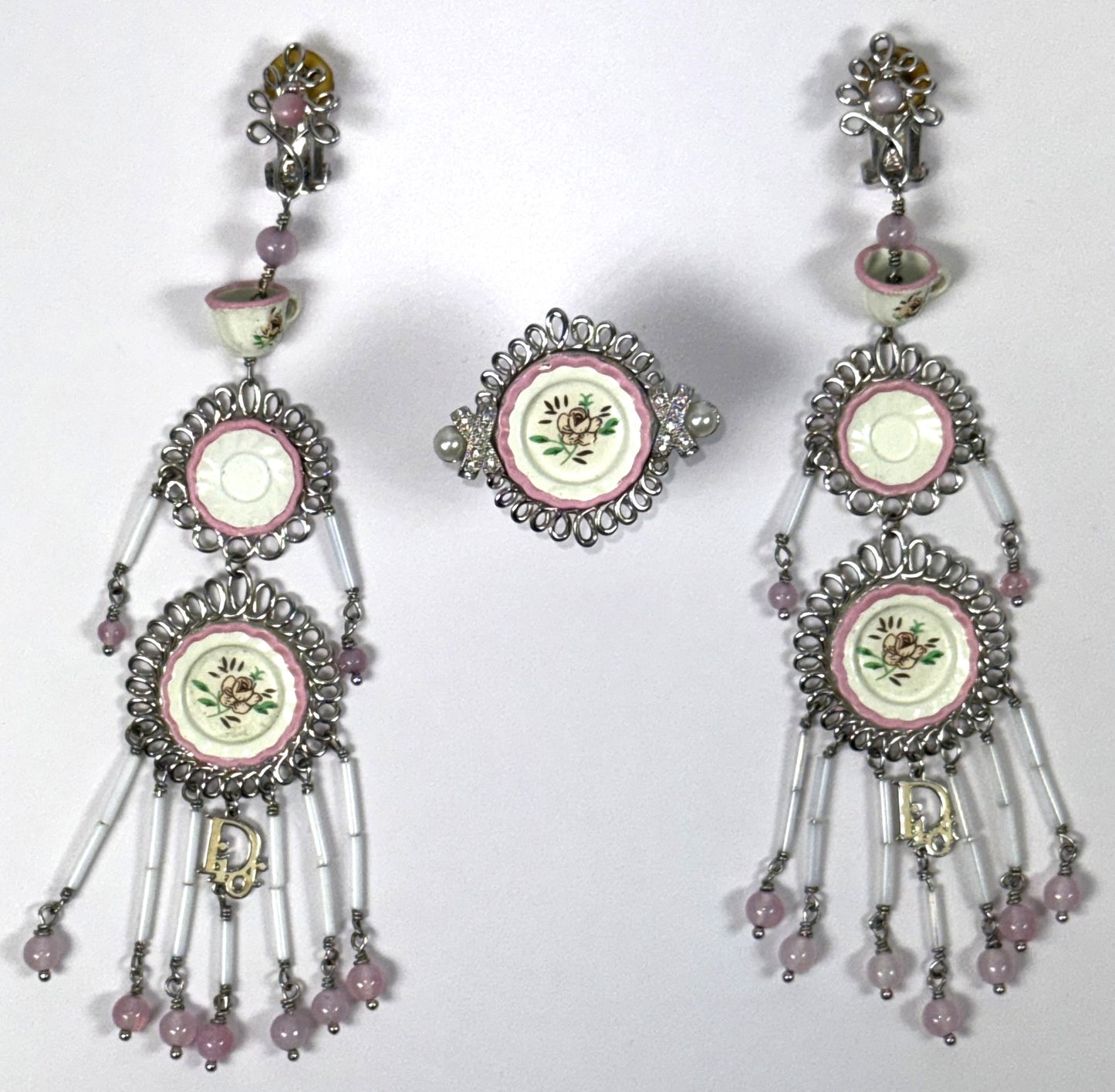 2000's Christian Dior by John Galliano Teacup Tea Party Large Earrings & Ring Set