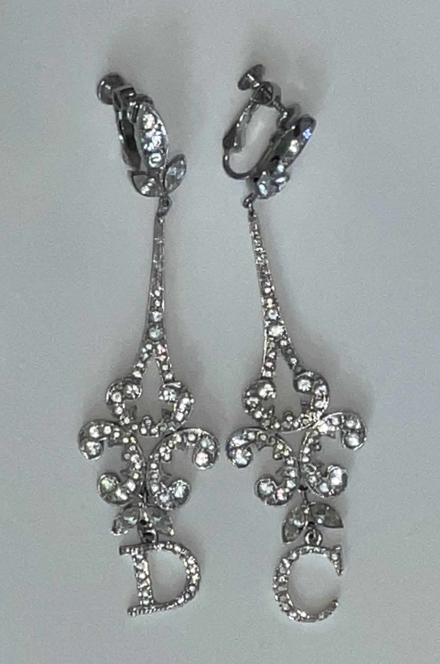 C. 2001 Christian Dior by John Galliano Long Silver Crystal Logo Chandelier Earrings