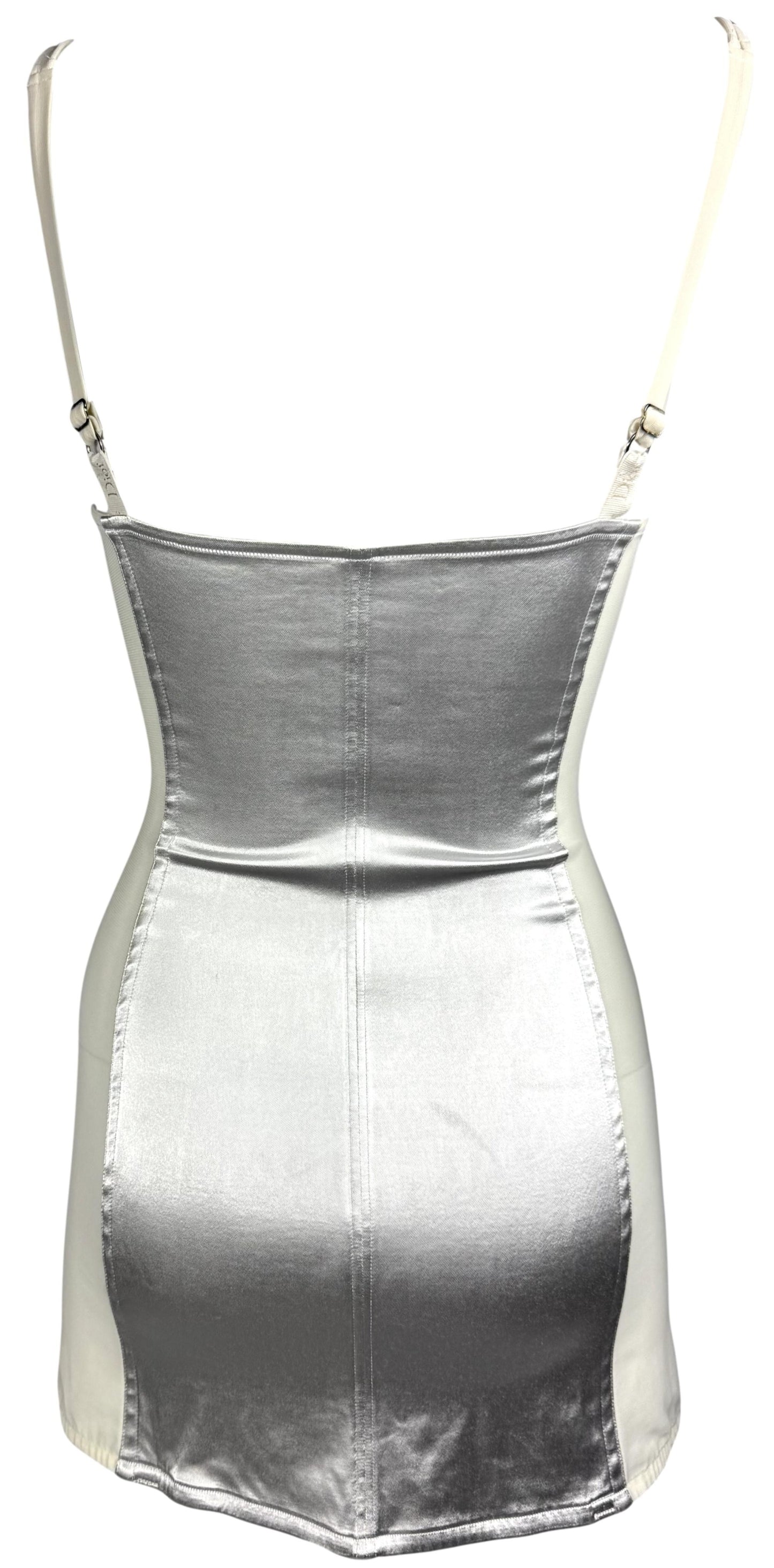 2000's Christian Dior by John Galliano Silver & Sheer Ivory Mesh Cone Bra Style Bodycon Mini Dress