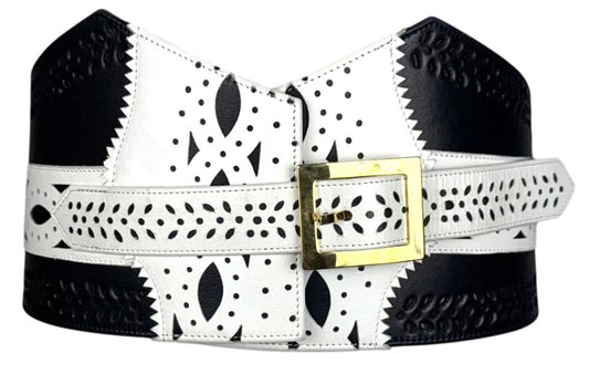 2000's Christian Dior by John Galliano Large Spectator Black & White Leather Belt