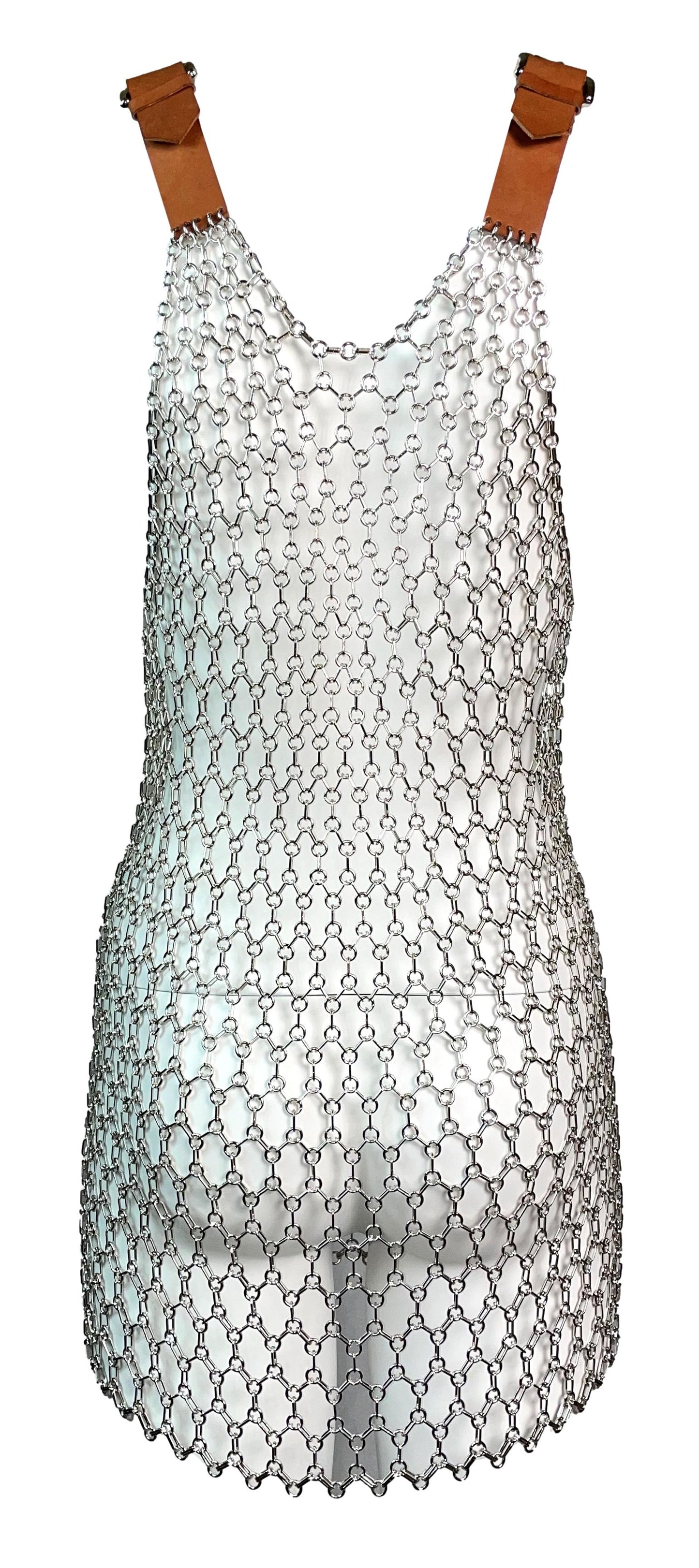 S/S 2003 Dolce & Gabbana Silver Chainmail Metal Mesh Leather Buckle Straps Mini Dress