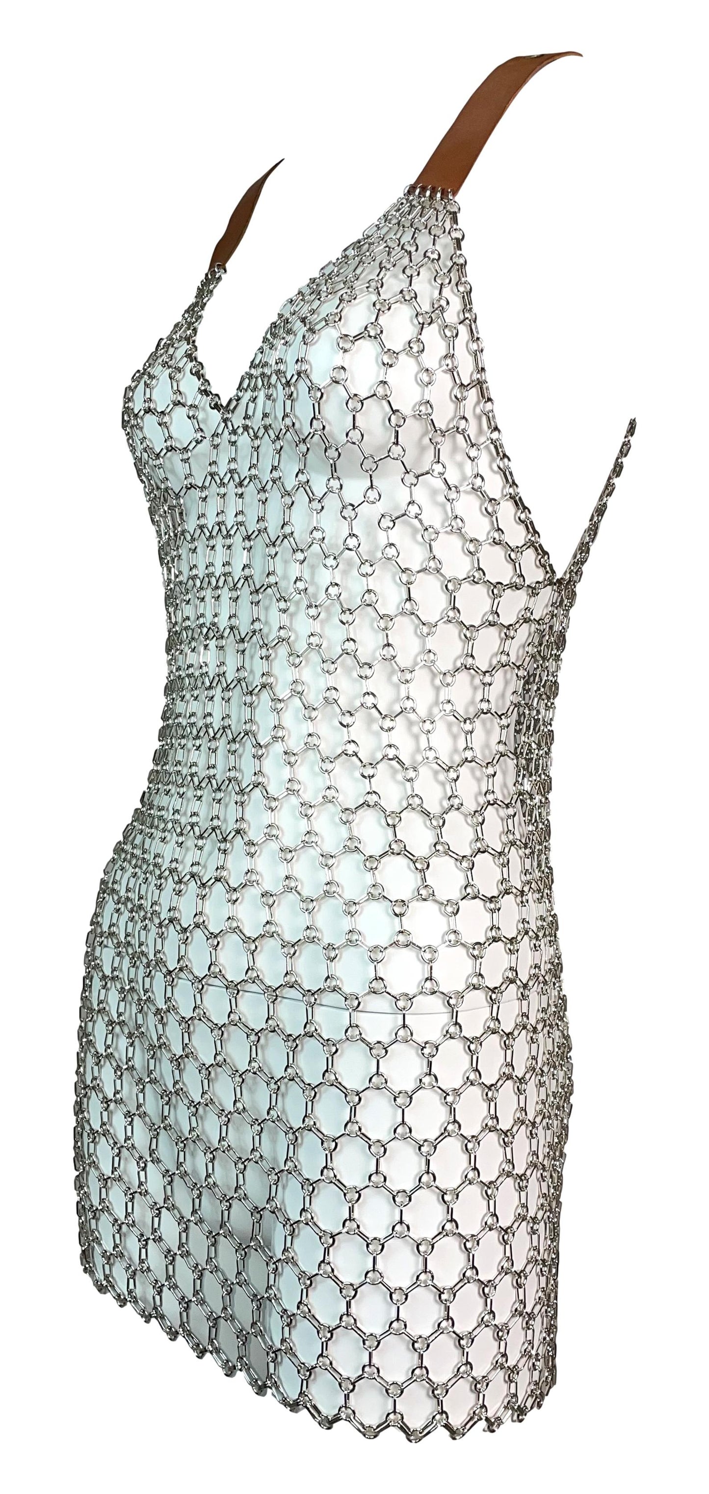S/S 2003 Dolce & Gabbana Silver Chainmail Metal Mesh Leather Buckle Straps Mini Dress