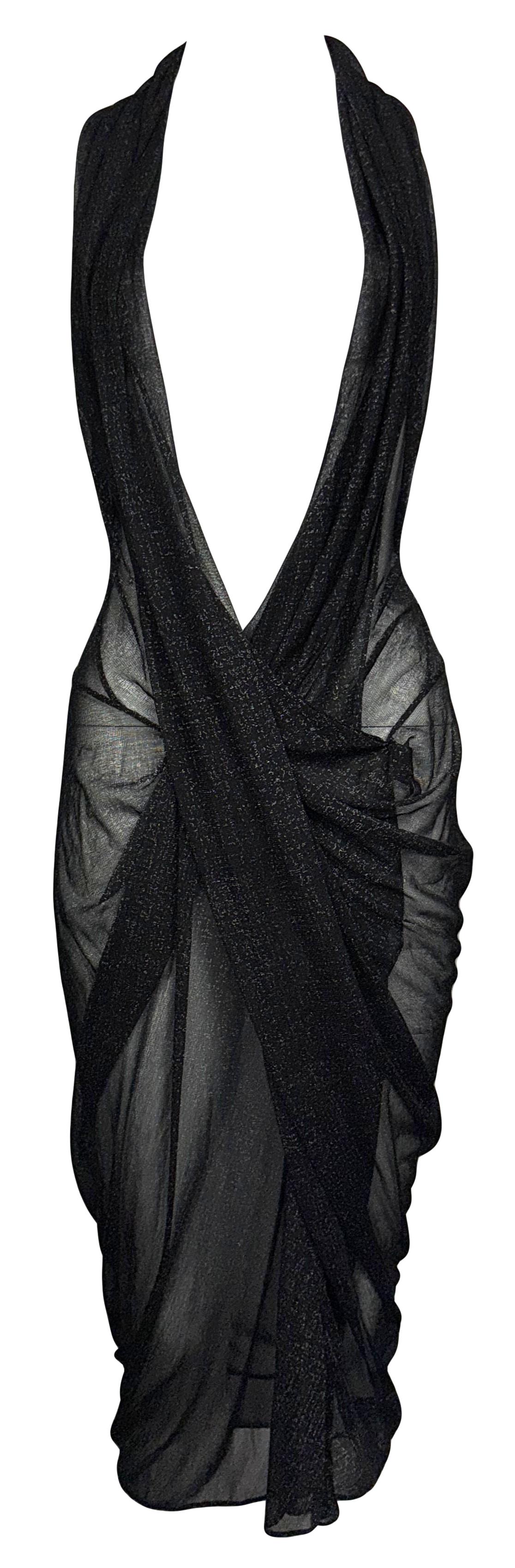 NWT 2000's Donna Karan Sheer Metallic Black Plunging Ruched SEXY Midi Dress