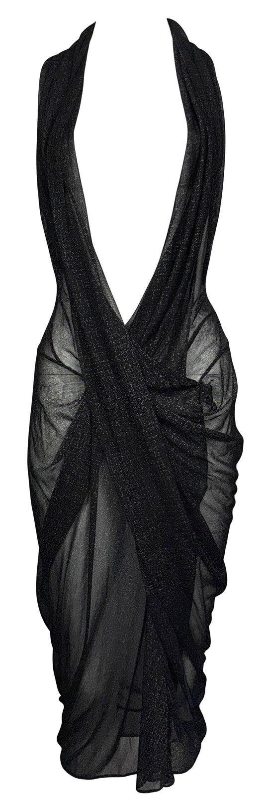 NWT 2000's Donna Karan Sheer Metallic Black Plunging Ruched SEXY Midi Dress