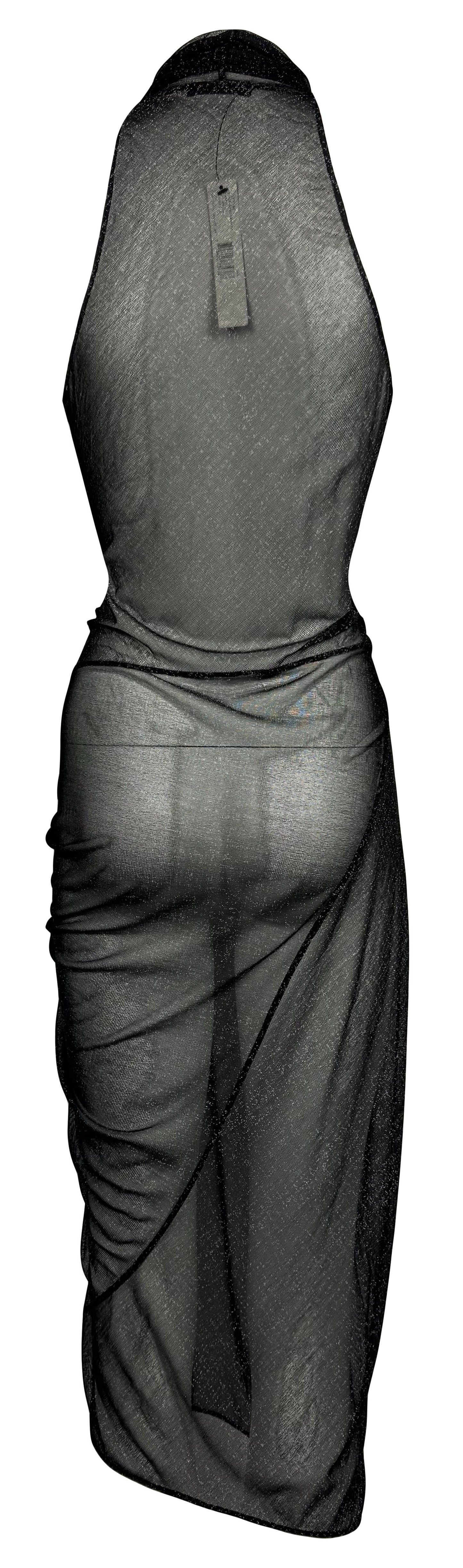 NWT 2000's Donna Karan Sheer Metallic Black Plunging Ruched SEXY Midi Dress
