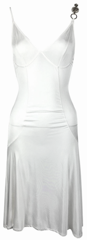 Early 2000's Versace x Donatella Sheer White Slinky Gold Medusa Strap Mini Dress