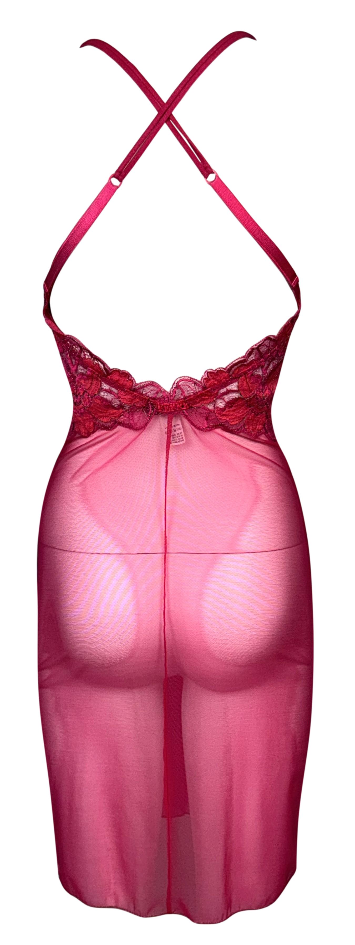 2000's Gianfranco Ferre Sheer Hot Pink Mesh & Lace Bodycon Halter Mini Dress