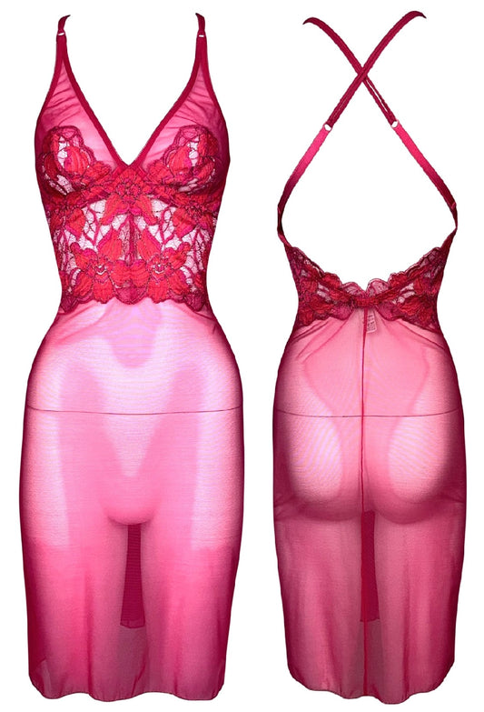 2000's Gianfranco Ferre Sheer Hot Pink Mesh & Lace Bodycon Halter Mini Dress