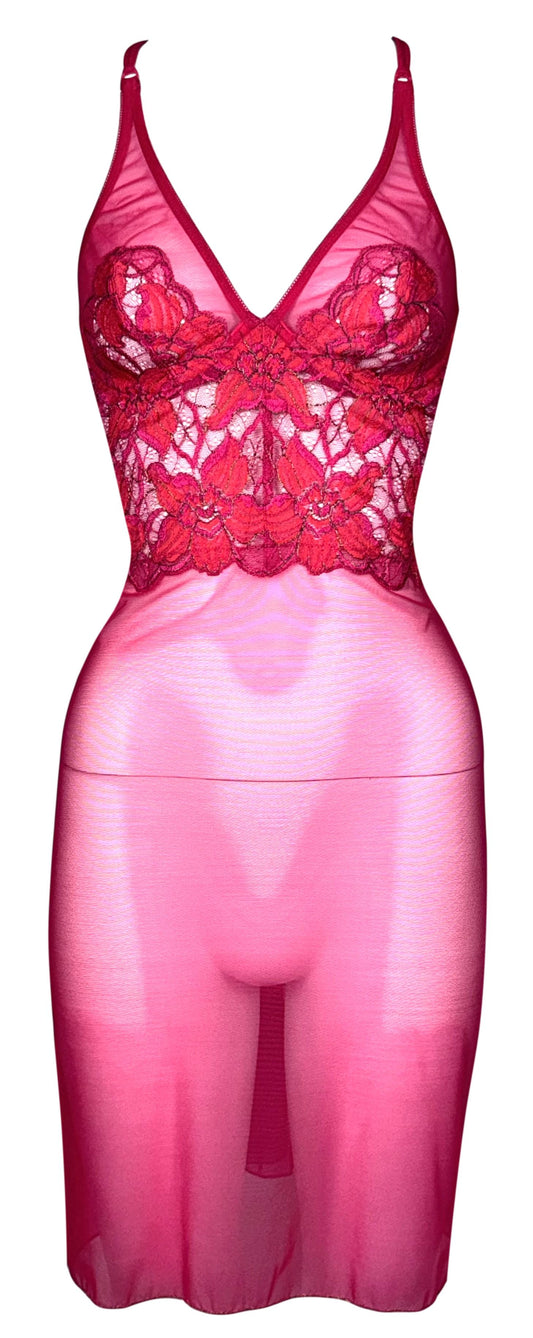2000's Gianfranco Ferre Sheer Hot Pink Mesh & Lace Bodycon Halter Mini Dress