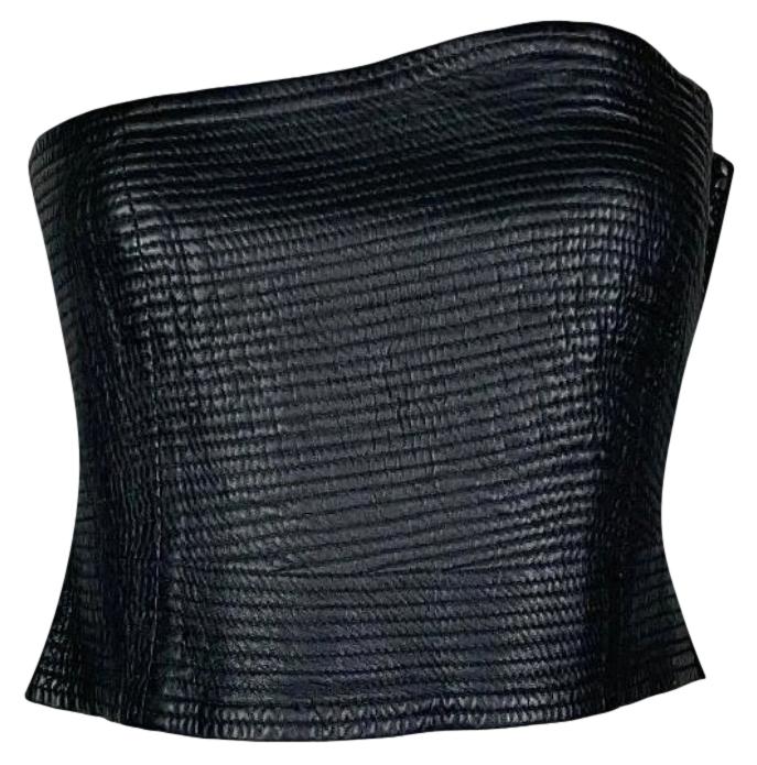 2000's Gianfranco Ferre Black Leather Asymmetrical Bustier Crop Top