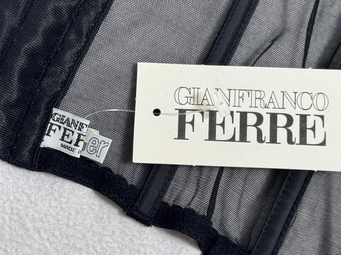 2000's Gianfranco Ferre Sheer Black Mesh Bustier Corset Top w Garters & Mini Bodycon Low Rise Skirt Set