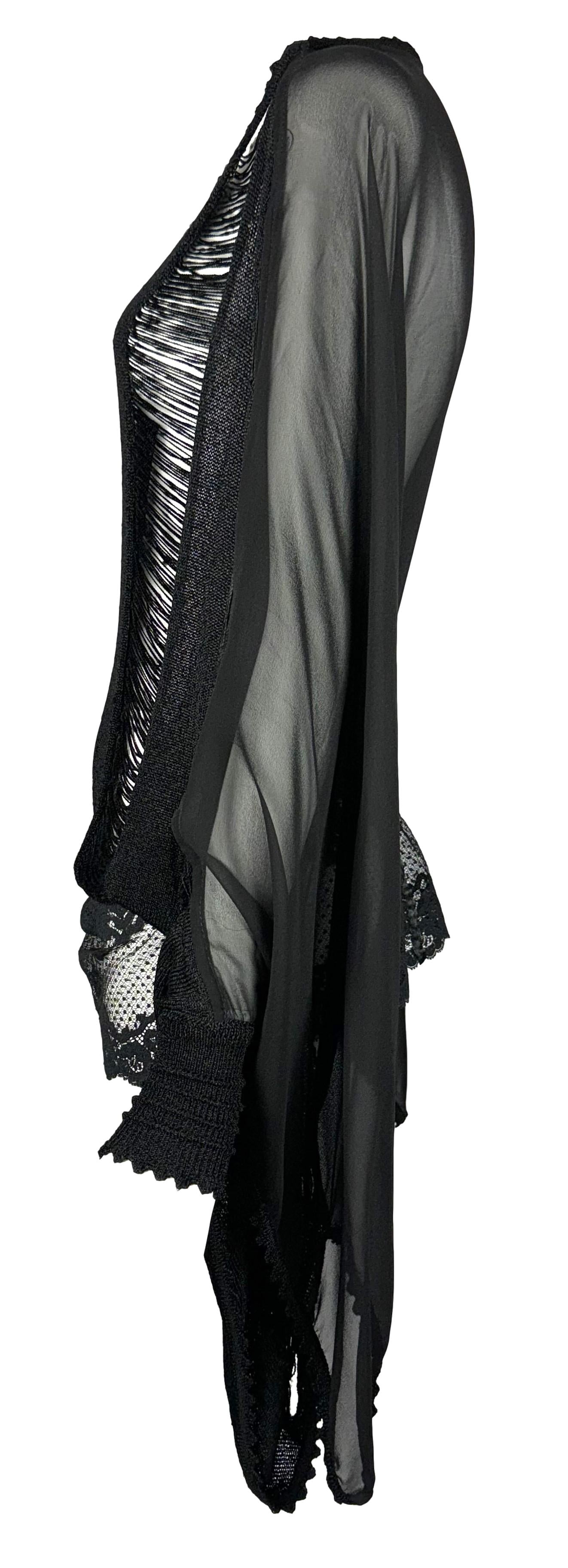 2000's Gianfranco Ferre Sheer Black Silk Fringe & Lace Tunic Mini Dress
