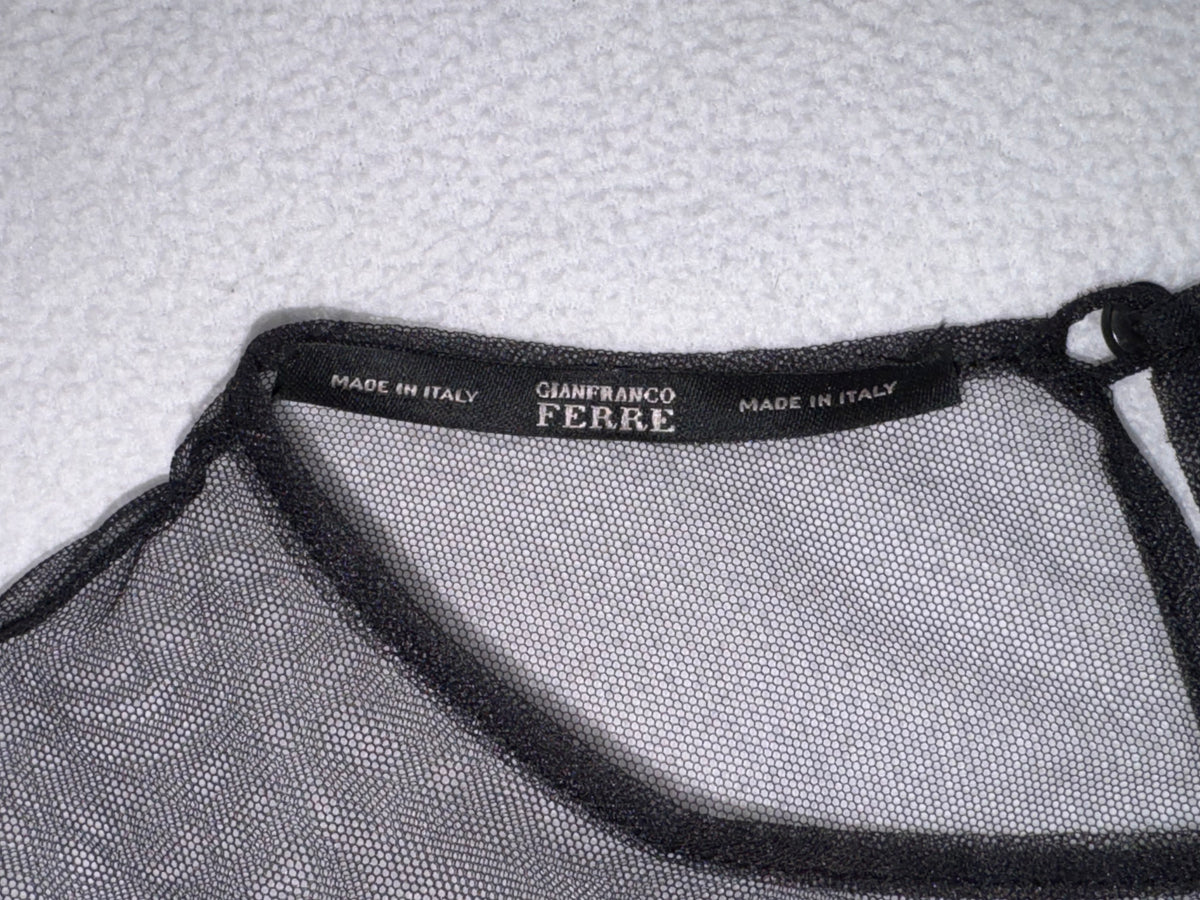 2000's Gianfranco Ferre Embellished Sheer Black Fishnet Mesh Pencil Midi Dress w Wide Obi Kimono Belt