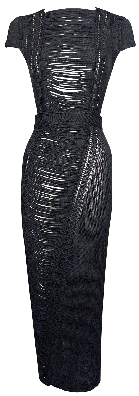 NWT 2000's Gianfranco Ferre Sheer Black Fringe Front Wiggle Maxi Dress w Belt