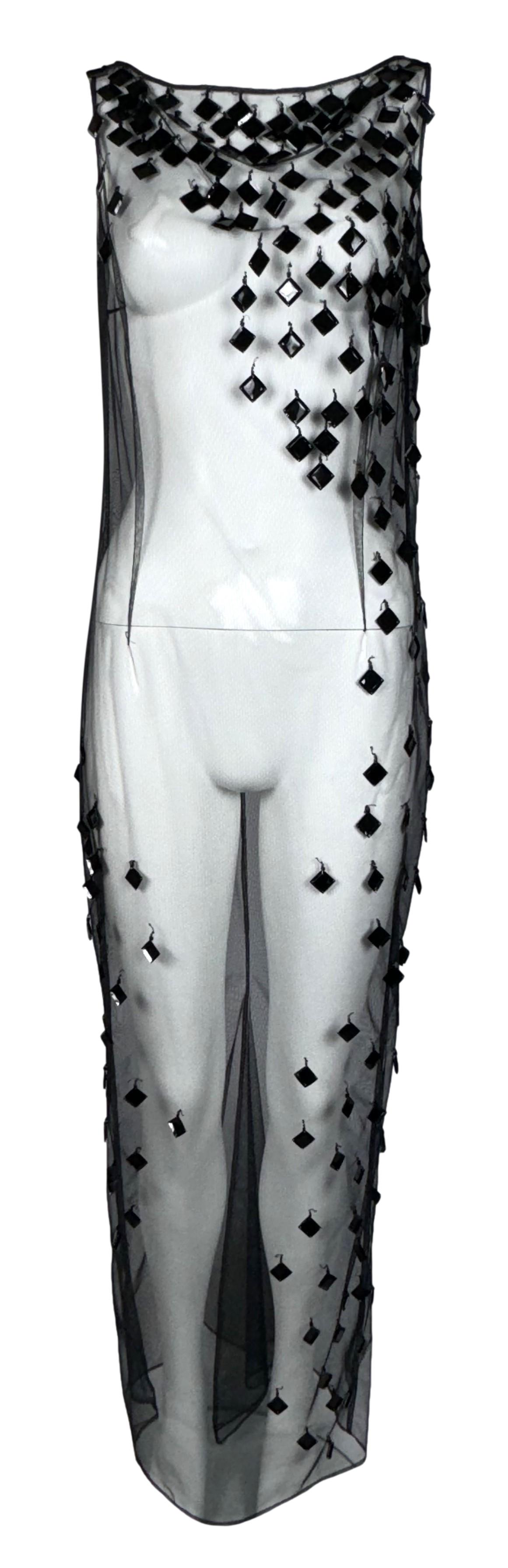 NWT 2000's Gianfranco Ferre Sheer Black Mesh Fishnet Embellished Maxi Dress