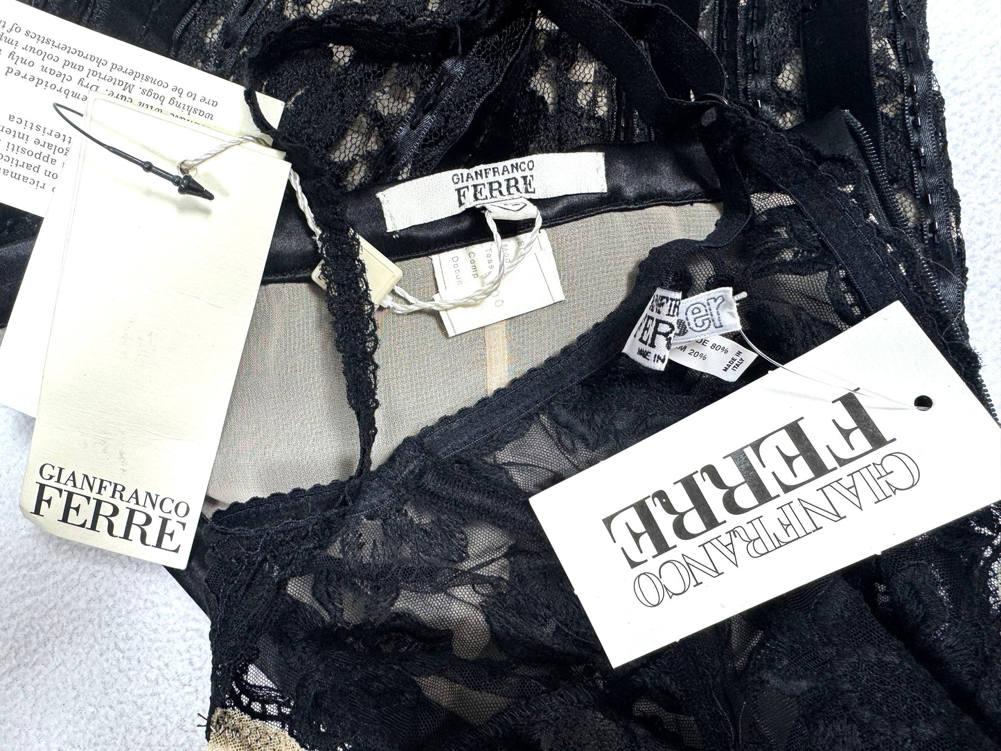 2000's NWT GIanfranco Ferre Sheer Nude Mesh & Black Lace Plunging Bodysuit & Beaded Lace Maxi Skirt Set