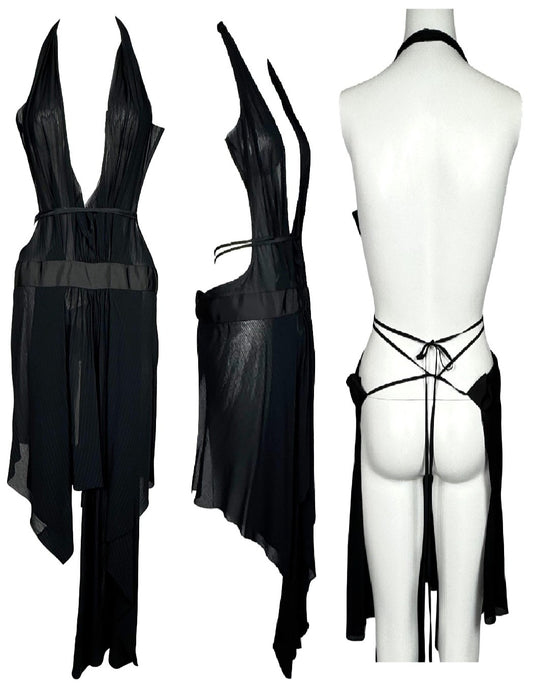 NWT 2000's Yohji Yamamoto Plunging Black Pinstripe Wrap Apron Dress