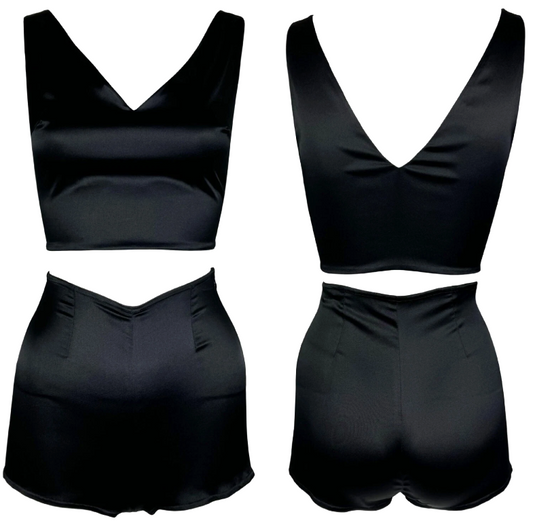 2000's Prada 1940's Pin-Up Style Back Stretch Silk Crop Top & High Waist Shorts Set