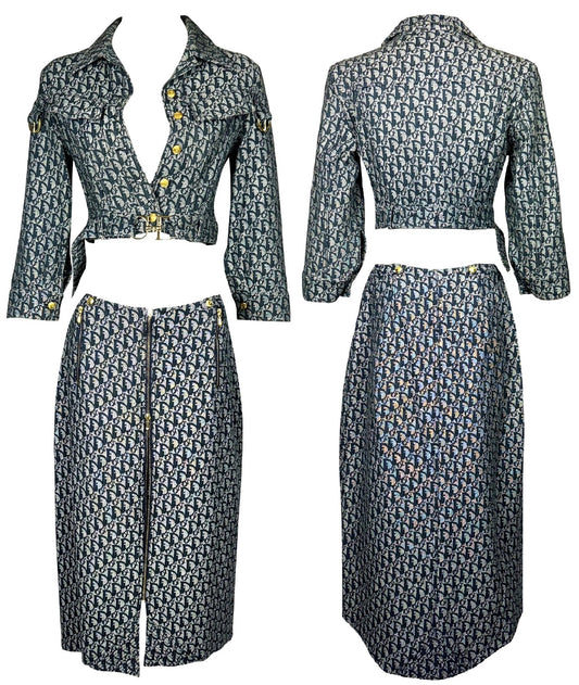 S/S 2000 Christian Dior by John Galliano Logo Monogram Trotter Denim Cropped Buckle Jacket & Zipper Maxi Skirt