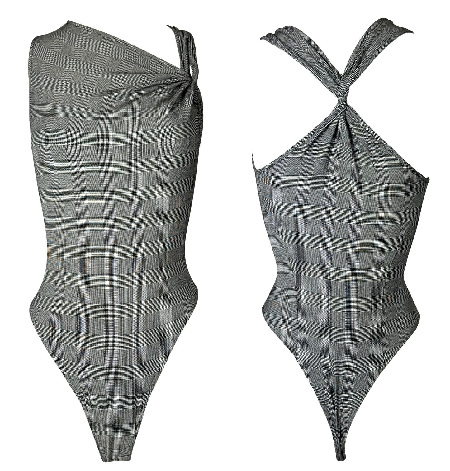 S/S 2000 Christian Dior by John Galliano Black & White Plaid Asymmetrical Bodysuit Top