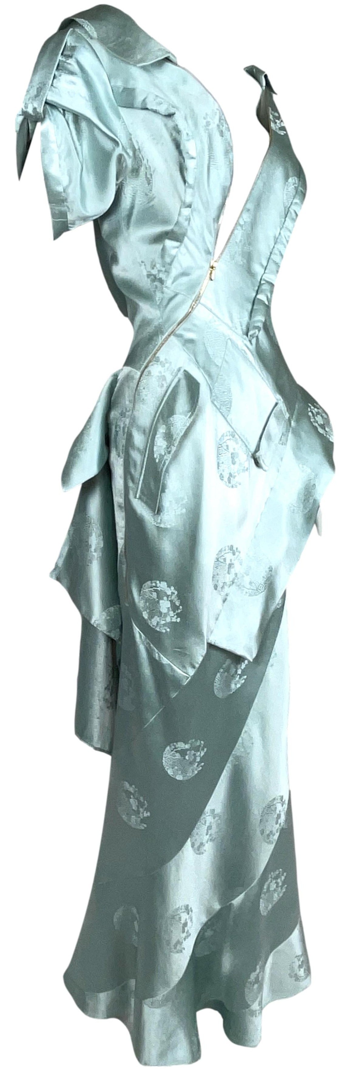 S/S 2000 Christian Dior by John Galliano Runway Blue Chinoiserie Zipper Accent Mermaid Gown Dress