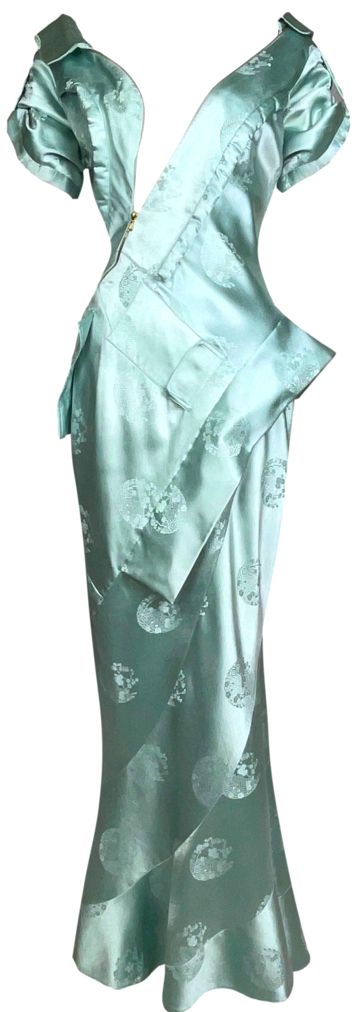 S/S 2000 Christian Dior by John Galliano Runway Blue Chinoiserie Zipper Accent Mermaid Gown Dress
