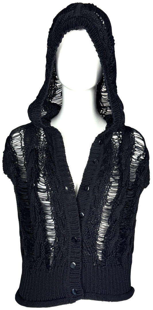 S/S 2000 Christian Dior x John Galliano Black Slashed Shredded Look Ribbon Knit Hoodie Hooded Top Jacket Vest