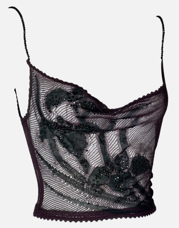 S/S 2000 Christian Dior by John Galliano Sheer Burgundy & Black Fishnet Mesh Embroidered Cami Crop Top