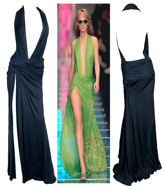 S/S 2000 Gianni Versace Runway Plunging Black High Slit Gown Maxi Dress
