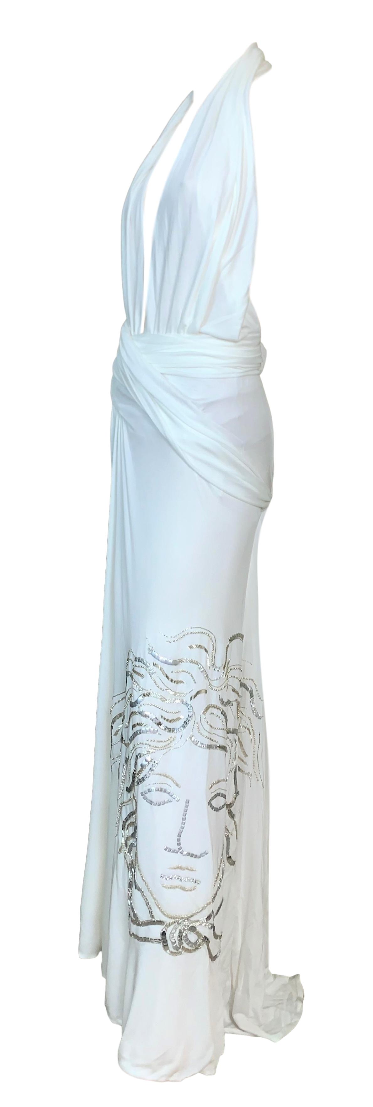 S/S 2000 Gianni Versace Runway White Plunging High Slits Beaded Gold Medusa Gown Dress