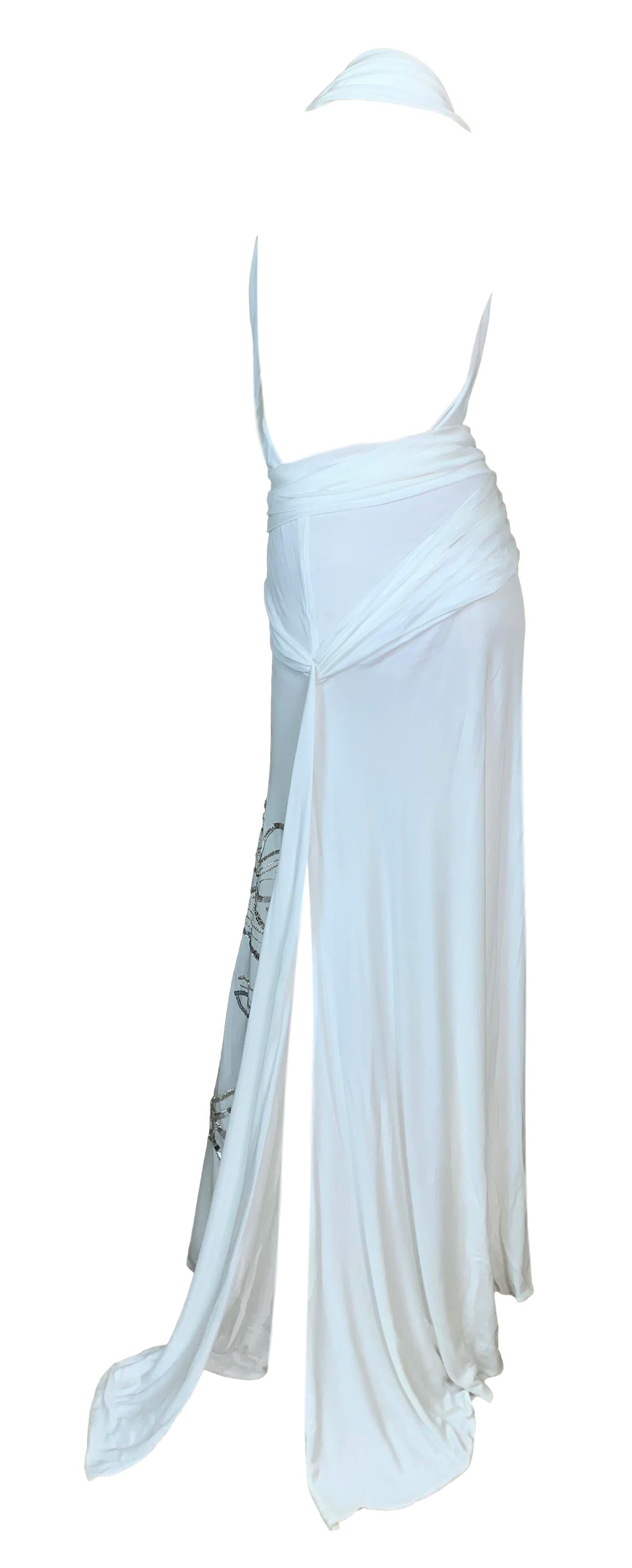 S/S 2000 Gianni Versace Runway White Plunging High Slits Beaded Gold Medusa Gown Dress