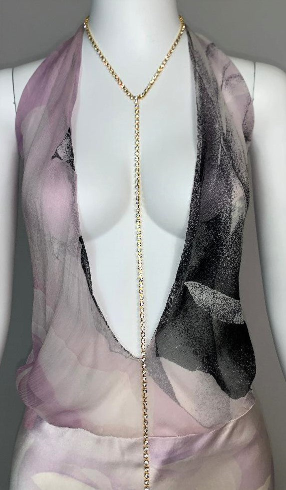 S/S 2000 Roberto Cavalli Runway Plunging Silk Dress w Crystal Chain Necklace