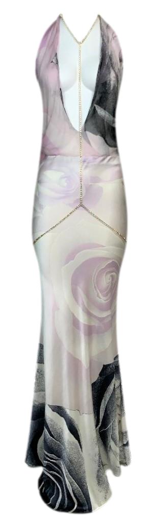 S/S 2000 Roberto Cavalli Runway Plunging Silk Dress w Crystal Chain Necklace