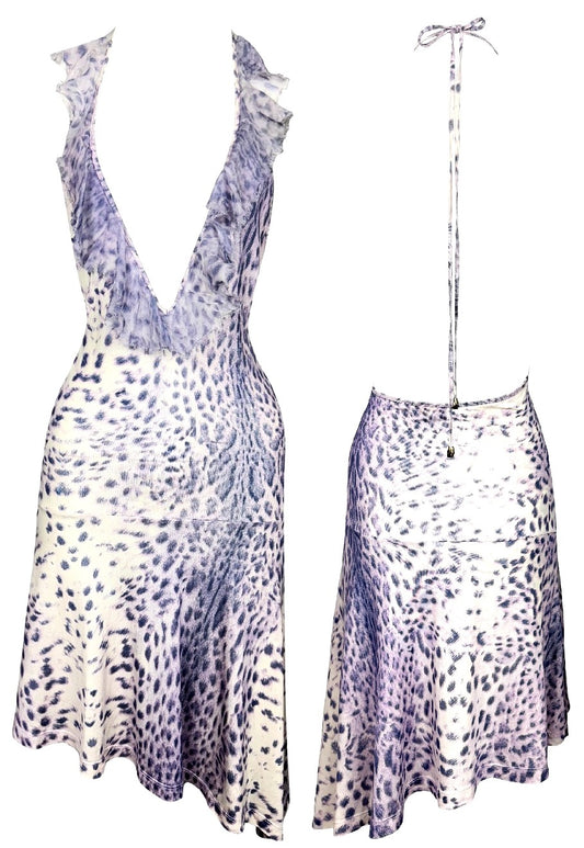 S/S 2000 Roberto Cavalli Plunging Jersey Silk Lavender Purple Ruffle Halter Mini Dress