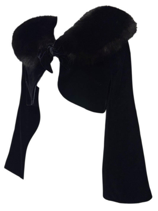2000's Valentino Black Velvet Cropped Bell Sleeve Jacket w Fox Fur