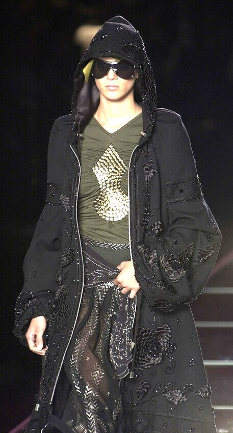 F/W 2001 Christian Dior by John Galliano Haute Couture Runway Black Embellished Baggy Hooded Coat