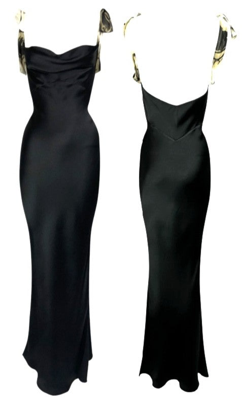 C. 2001 Christian Dior by John Galliano Black Satin Mermaid Gown Dress w Silk Scarf Straps