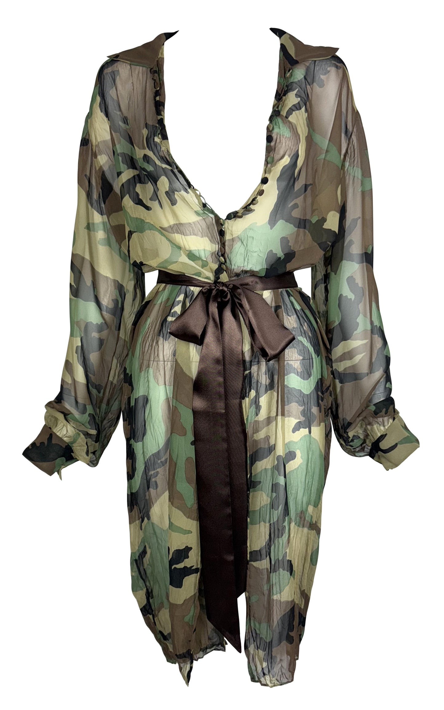 C. 2001 Christian Dior by John Galliano Sheer Silk Camo Print Long Shirt Dress w Belt