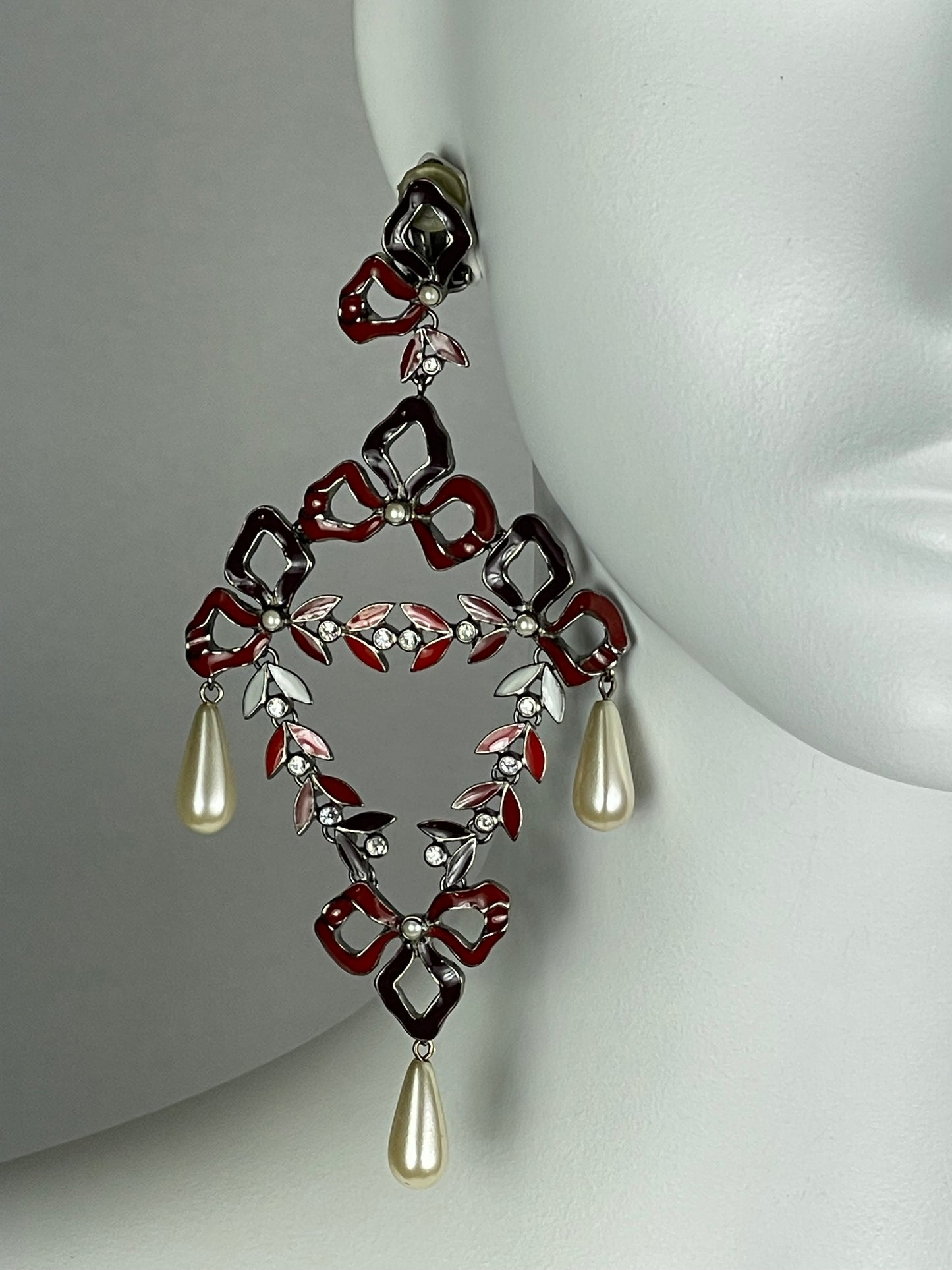C. 2001 Christian Dior by John Galliano Extra Large Red Ribbon Bow Earrings w Pearl Drops