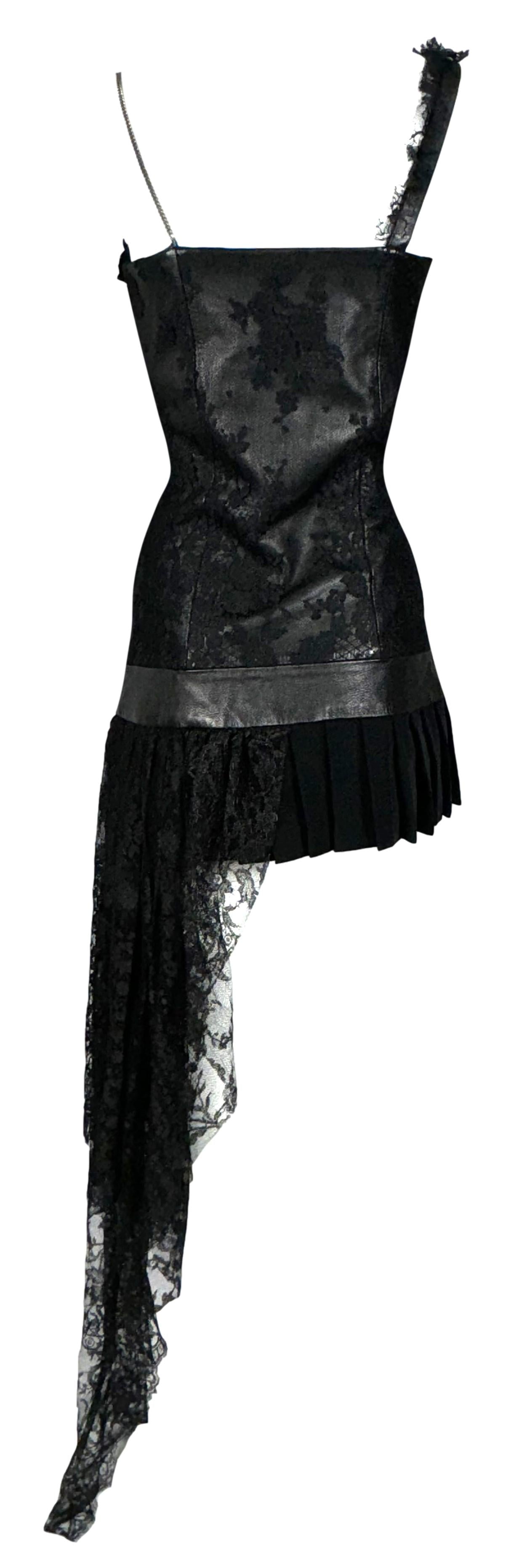 2001 Fausto Puglisi Black Lace & Leather Rocker Chain Strap Mini Dress