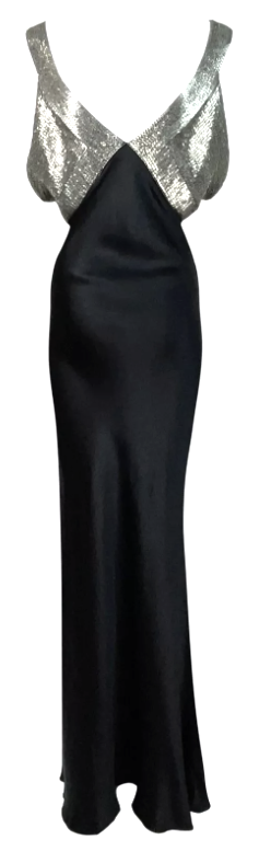 F/W 2001 Christian Dior by John Galliano 30's Style Black Beaded High Slit Silk Maxi Dress