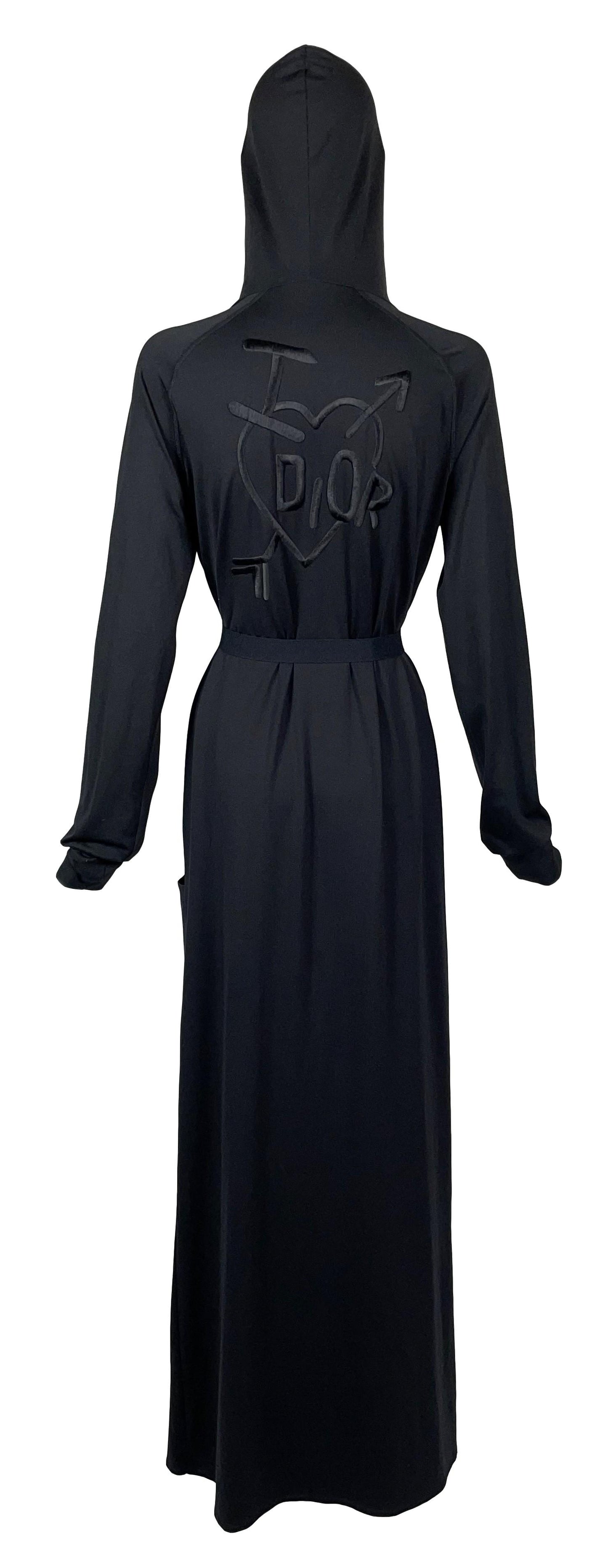 F/W 2001 Christian Dior by John Galliano Black Hooded Logo Embroidered Maxi Dress Robe