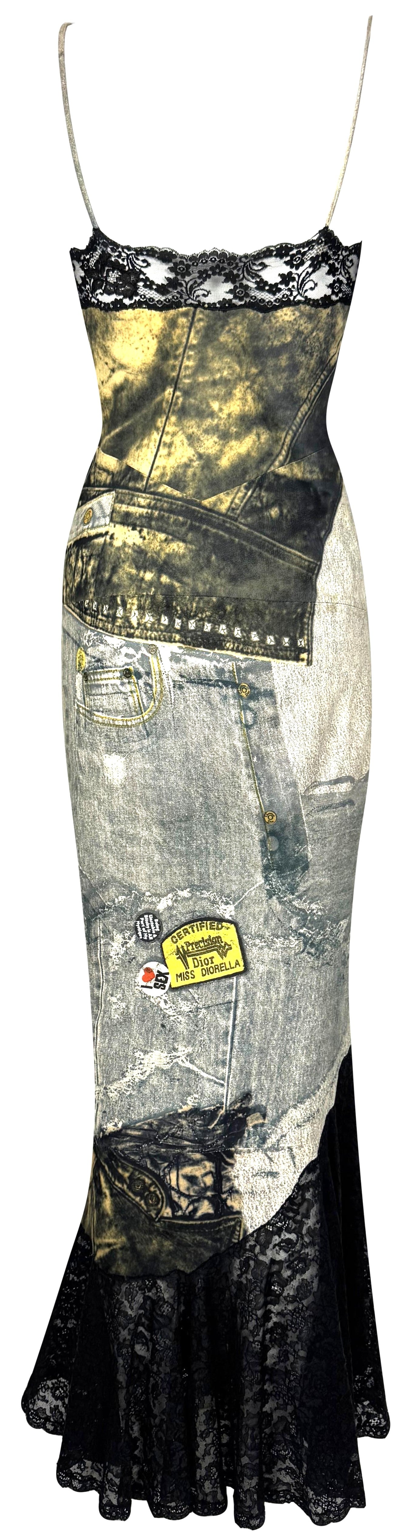 F/W 2001 Christian Dior by John Galliano RARE Trompe L'oeil Leather Mermaid Maxi Dress w Black Lace Trim