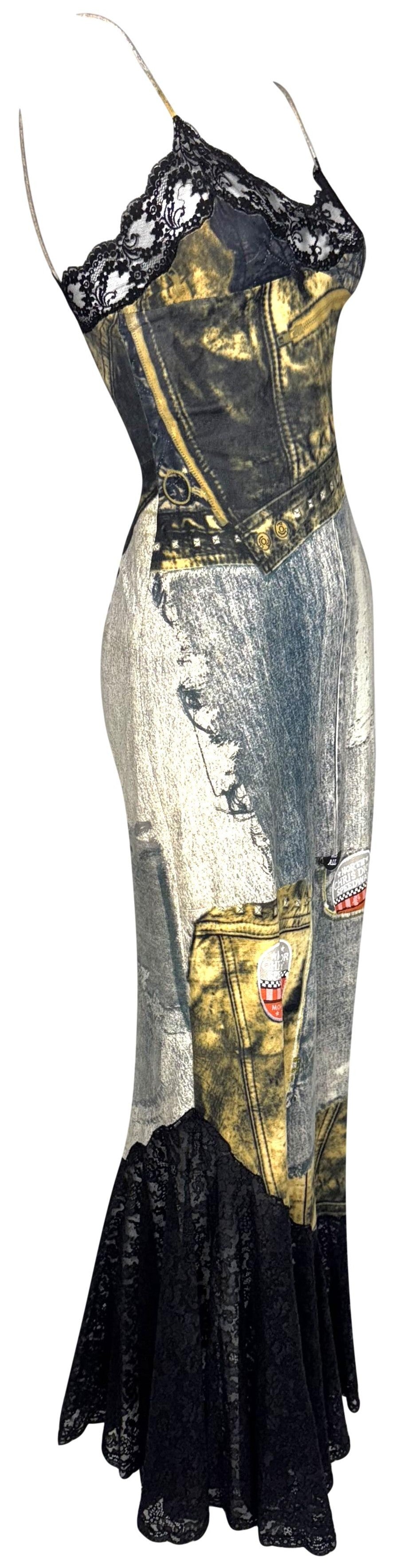 F/W 2001 Christian Dior by John Galliano RARE Trompe L'oeil Leather Mermaid Maxi Dress w Black Lace Trim